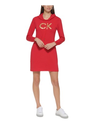 

CALVIN KLEIN Женское эластичное платье-толстовка выше колена с длинными рукавами и бисером, Красный