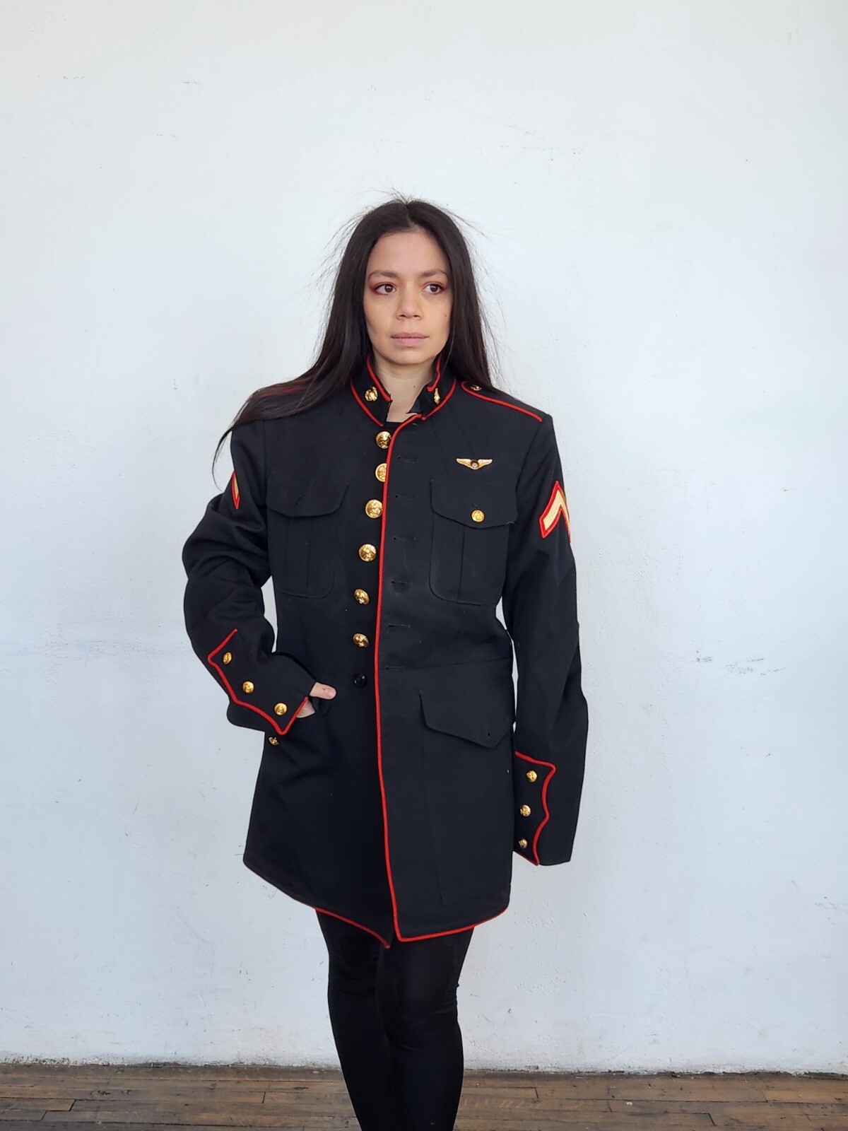 Vintage Navy Military Jacket with Red Piping & Gold Buttons