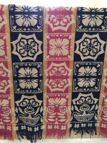 ANTIQUES SIGNED JACQUARD STARS, BIRDS, FLORALS WOOL COVERLET IN WONDERFUL COND.