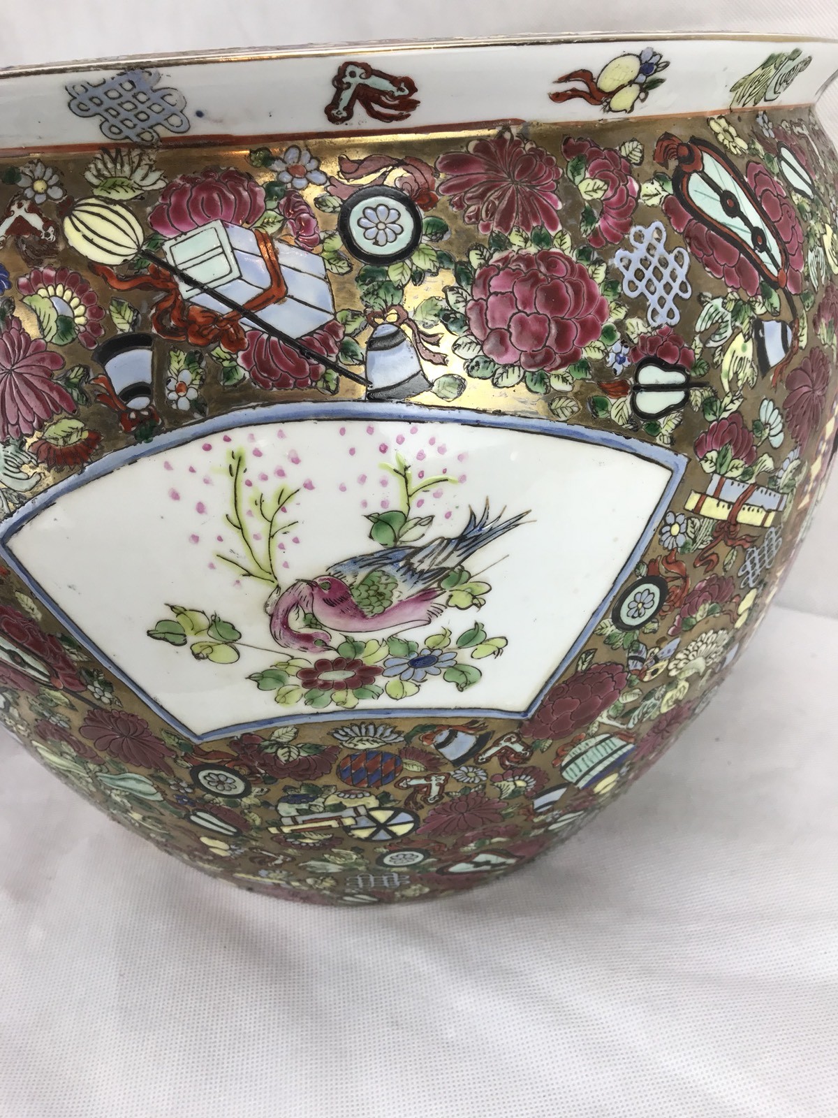 Antique Large Chinese Oriental Asian Pottery Porcelain Fish Bowl Planter Stamped