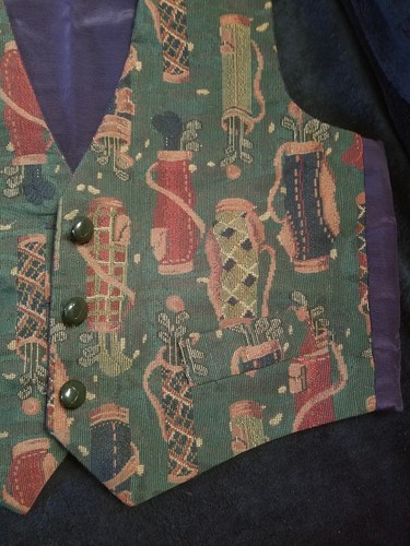 Tapestry Vest - Golf Clubs on Hunter Green Background with Purple Lining EC