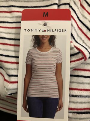 NWT Tommy Hilfiger Women's Crew Neck T-Shirt Short Sleeve Cotton,White MLT,SizeM