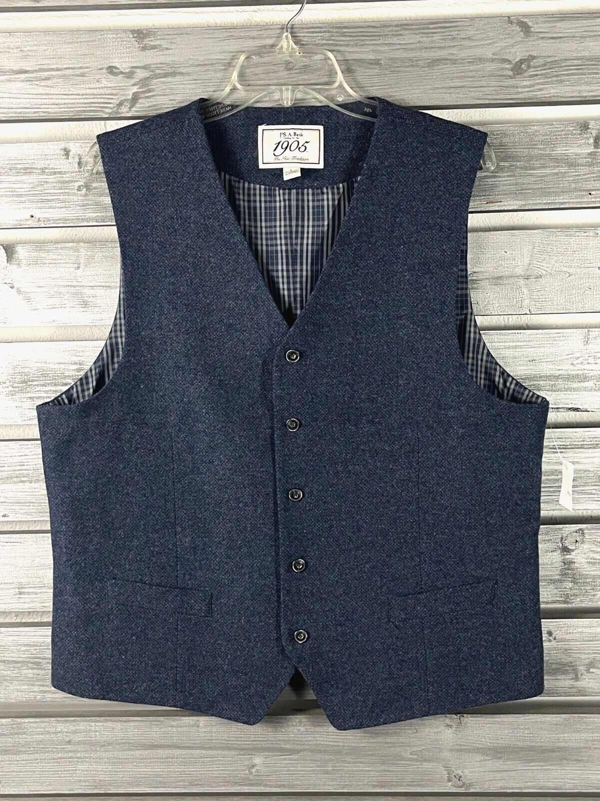 NEW Jos A Bank 1905 100% Wool Button Up Suit Vest Mens L Blue Plaid Lined