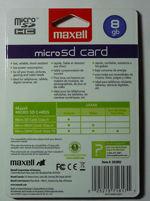 Maxell 8 GB MicroSDHC card with adapter - NEW!!