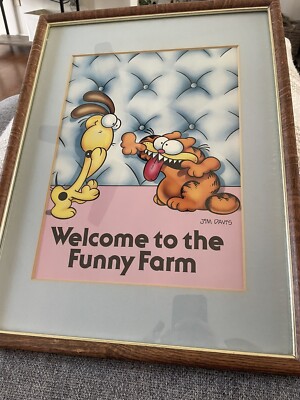 Vintage Garfield Welcome To The Funny Farm ￼by Jim Davis 1978 21'' x 14'' Framed