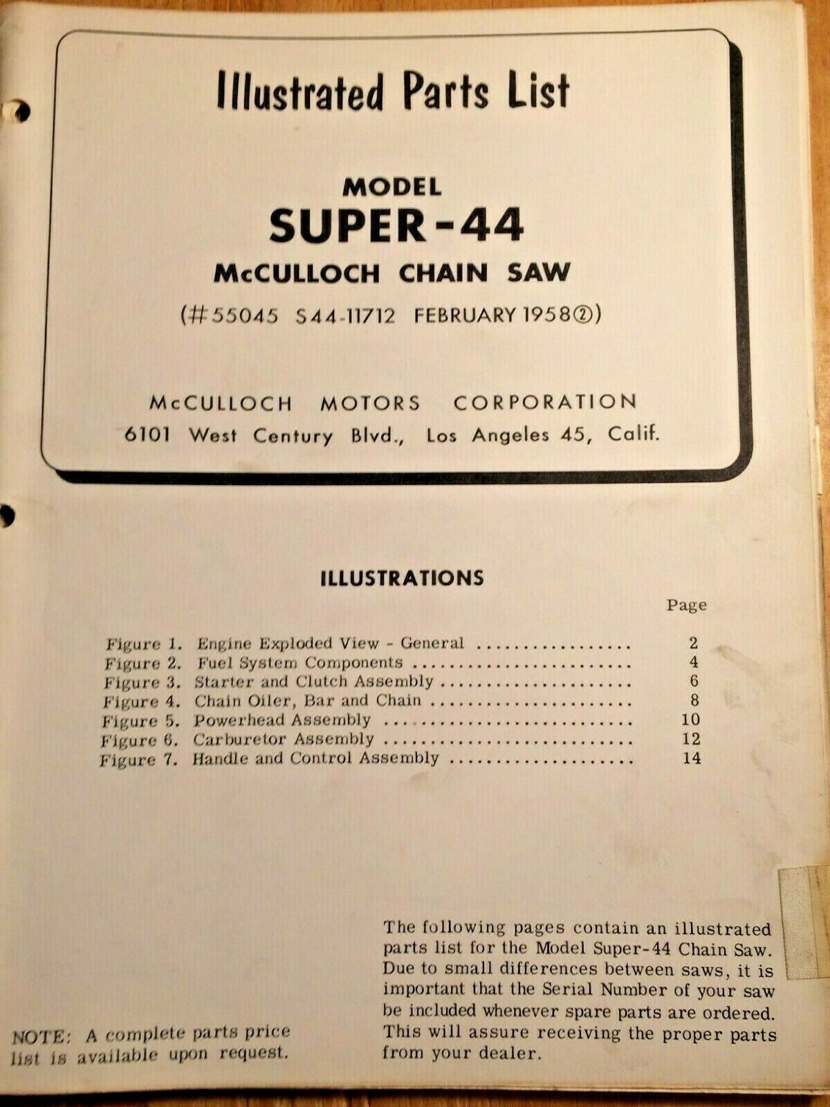 McCulloch Super 44 Chainsaw Illustrated Parts List Feb 1958