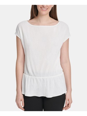 

DKNY Женский белый топ с баской и короткими рукавами и круглым вырезом