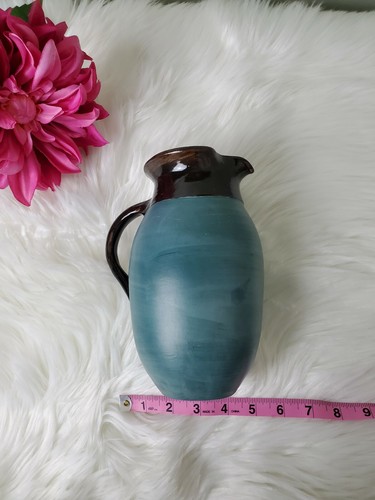 Ceramic Pottery Lip Vase Hand Painted Turquoise And Brown with Handle