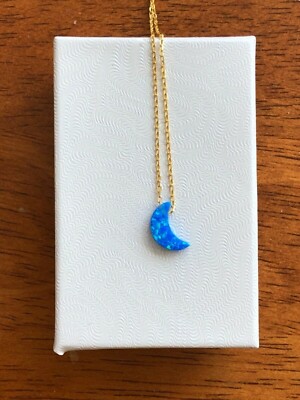 Gold Blue Opal Moon Necklace 925 Sterling Silver Tiny Pendant 10mm(0.39'') 16-18''