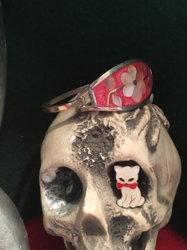 Vintage 5.5” Alpaca Mother Of Pearl Sterling Silver Pink Bangle Bracelet Tribal