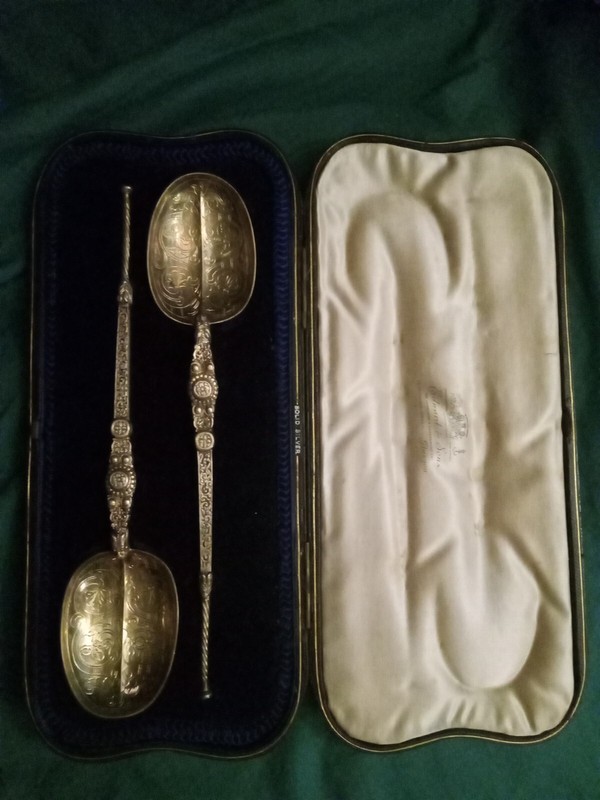 Rare Antique Pair Large Sterling Silver Anointing 10 " Spoons