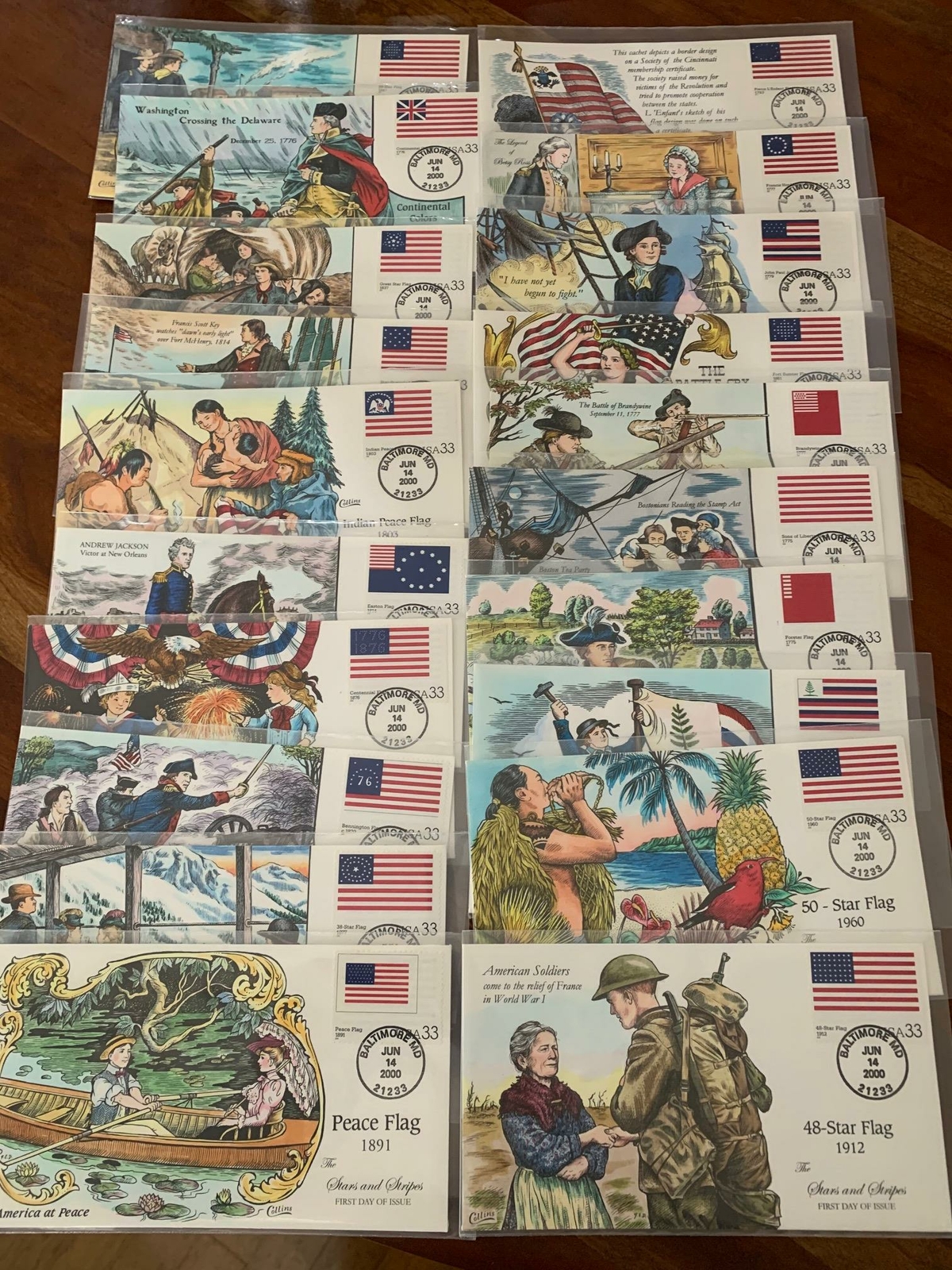 COMPLETE set of 20 FDC Collins Hand Painted - THE STAR & STRIPES  #3403a-t