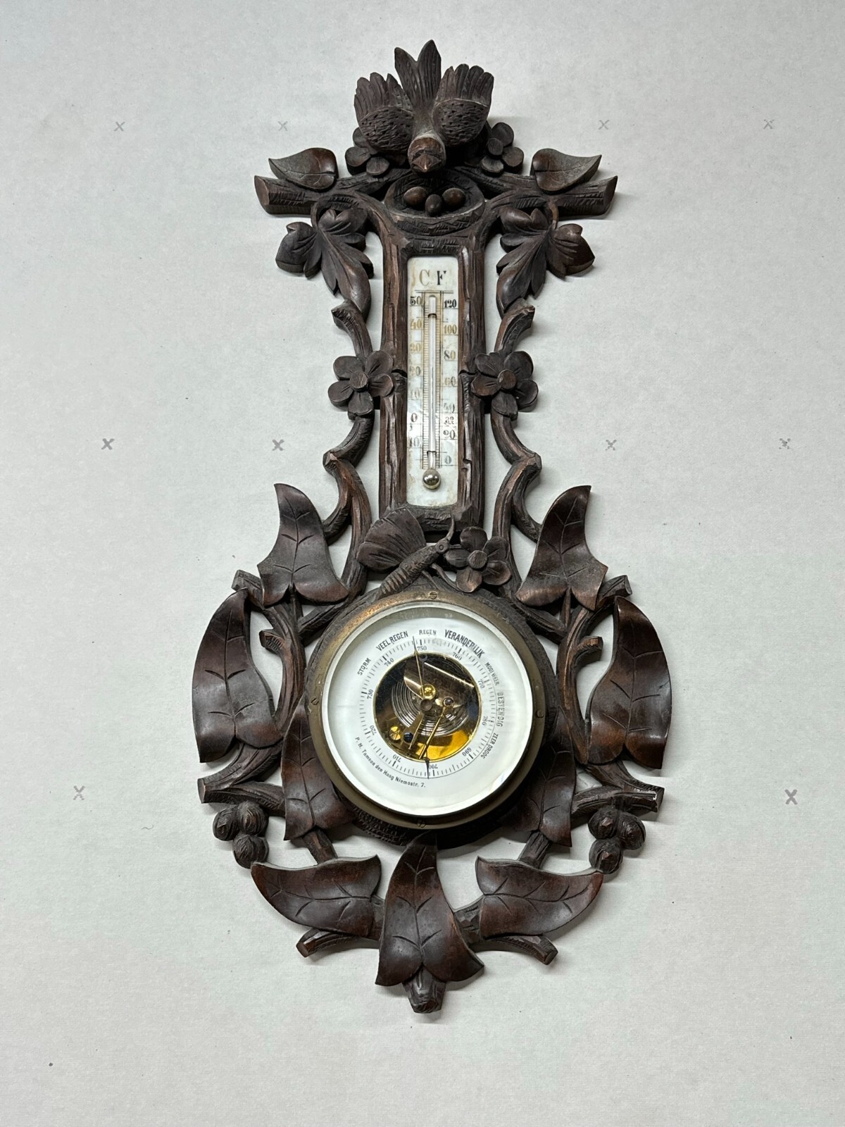 antique black forest barometer carved birds p.m  tamson ornate
