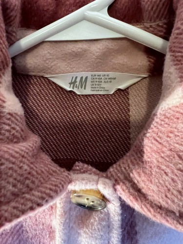 H&M Girls 10 Shacket Plaid Flannel Fuzzy Pink Cream Long Button Up Shirt Jacket