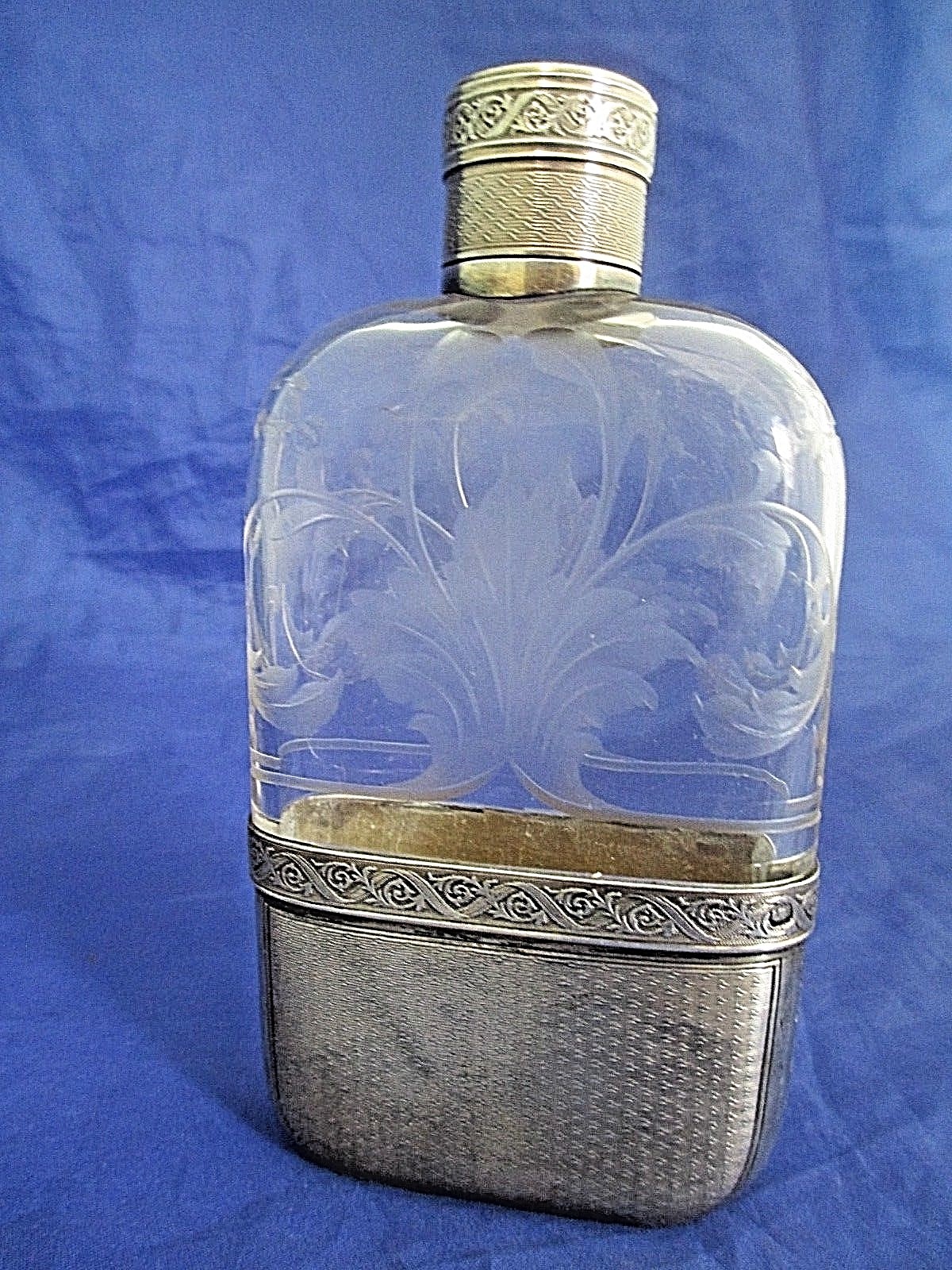 RARE SILVER ETCHED CRYSTAL HIP FLASK EMILE LANGLOIS 1888-1924 PARIS FRANCE