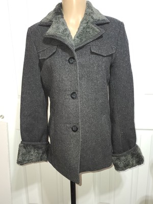 ESPRIT Sz M  Women s Coat Jacket  100% Gray Wool Faux Fur Collar Cuffs 