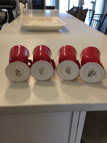 4 RARE RED Vintage Hall Pottery Latte Irish Coffee Footed Mugs