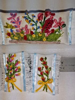 3 Pc Hand Embroidered Toss Pillows/Cushions 1:12 -1:6  Scale for Dollhouse - OOK