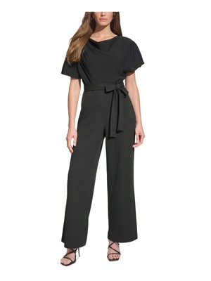 DKNY Womens Black Tie-belt Short Sleeve Wear To Work Wide Leg Jumpsuit 14