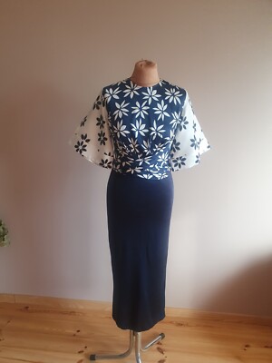 Rare ISSA £899 Kimono Top Midi Silk DRESS Navy Blue White Floral Print VGC XS 6