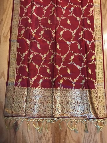 Vintage Asian Inspired Gold Thread Red Table Runner Fringed