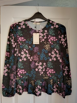 OASIS BLOUSE TOP SHIRT BLACK MULTI FLORAL JERSEY PEPLUM. MED UK 12, EUR 40 NWT