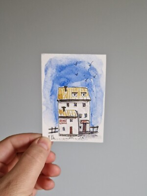 ACEO Original watercolor painting architecture house old town buildings mini art
