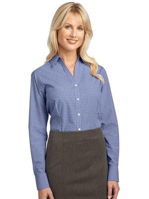 PORT AUTHORITY Womens Light Blue Plaid Cuffed Sleeve Button Up Top XL