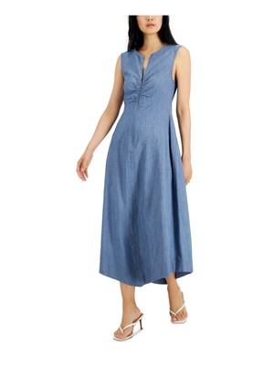 DONNA KARAN NEW YORK Womens Blue Asymmetrical Hem Sleeveless Midi Sheath Dress M