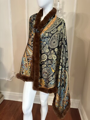 La Fiorentina Paisley Print  Wrap with Rex Fur Trim -