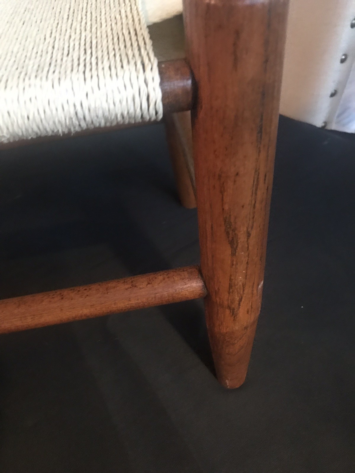 VINTAGE WOVEN JUTE ROPE TWINE CORD OAK WOOD FOOT STOOL OTTOMAN COUNTRY RUSTIC