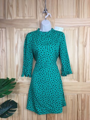 New Look Dress 10 Womens Tea Floral Ditsy Green Black A Line Ruffle Skater NEW