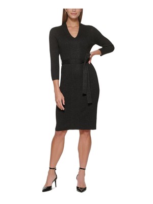 

DKNY Женское черное вязаное платье-свитер с завязками и рукавами 3/4 длиной до колен, Черный