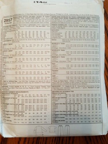 VINTAGE UNOPENED McCALLS PATTERN MISS/PETITE JACKET/TOP/PANTS S 20-22-24 # 2957