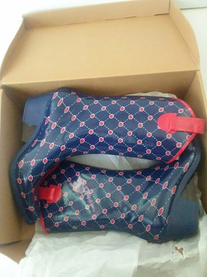 Stadium Stomper Rain Boots Pull Up Pointed Toe Blue Red Polka Dots Women Size 7