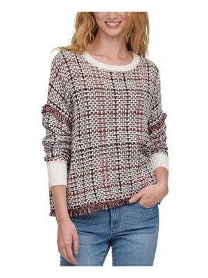 

DKNY Женский белый ребристый воротник и манжеты в клетку с длинным рукавом Jewel Neck Sweater