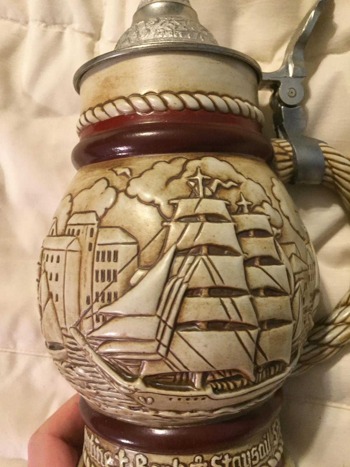 VINTAGE AVON CERAMARTE BRAZIL SAILBOAT SHIP BOAT PORT LIDDED STEIN MUG CUP