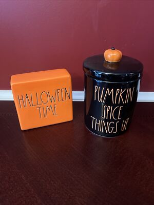 Rae Dunn Black Pumpkin Spice Things Up Canister Jar + Halloween Time Block-NWT