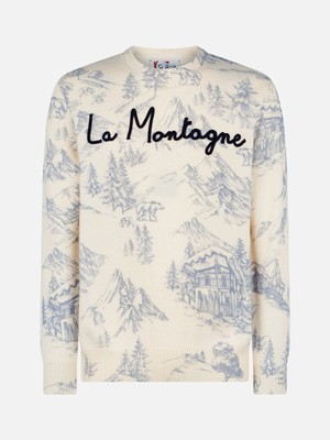 Pre-owned Mc2 Saint Barth Man Crewneck Toile De Jouy Sweater With La Montagne Embroidery In White