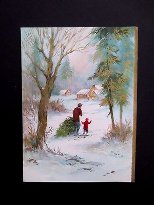 Vintage Unused Xmas Greeting Card Cutting Down Family Holiday Tree 