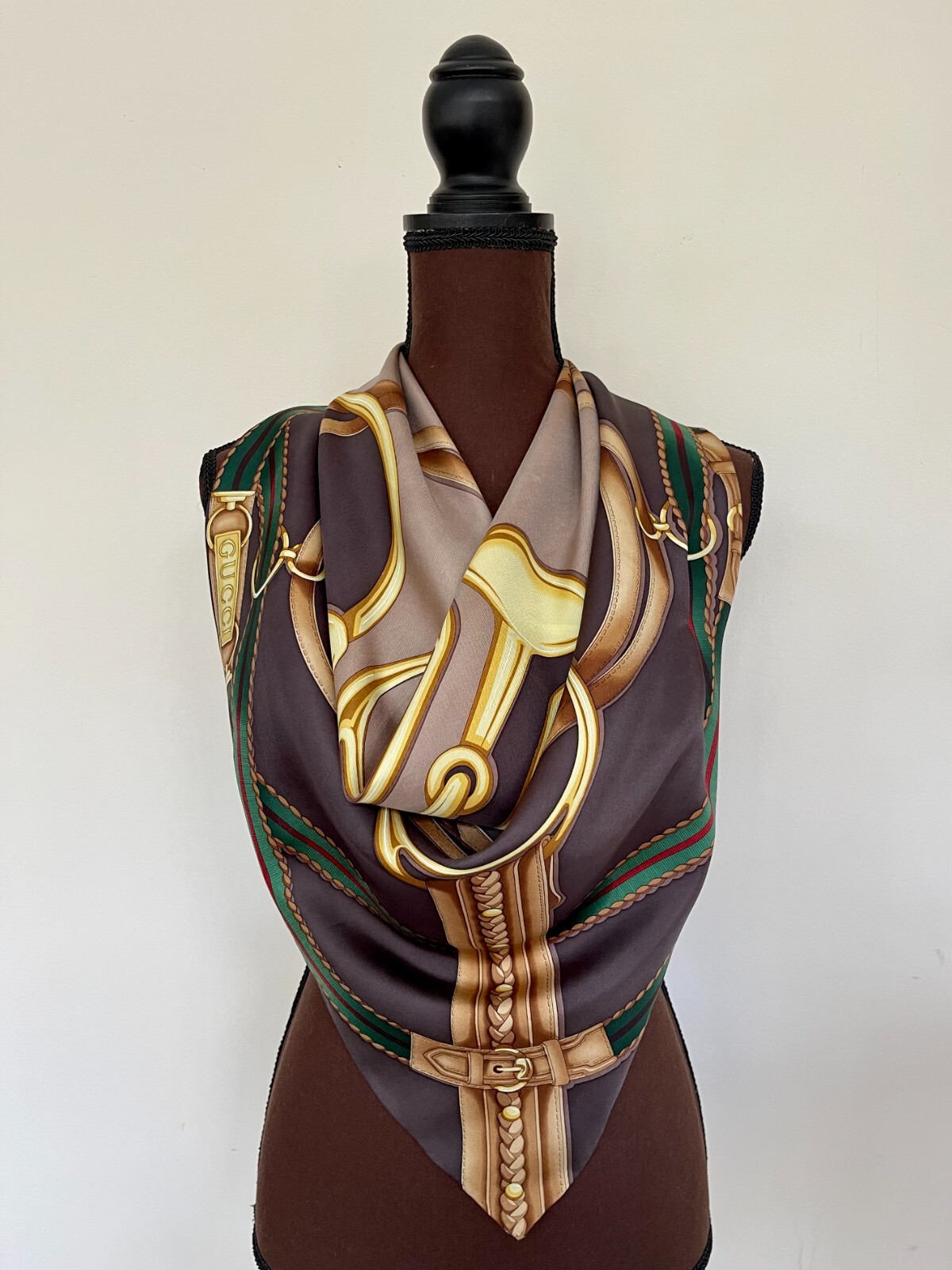 Pre-owned Gucci Unisex  Silk Wrap Logo Print Horsebit Equestrian Brown Beige Scarf