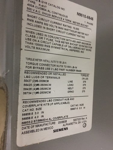 Landis & Gyr 400A 1 PHASE 3W 120/240V 3R METER SOCKET BASE no lugs #6405