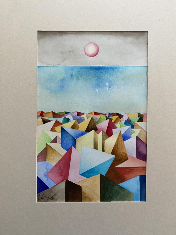 Fabio Carmignani Aquarelle Sur Carte Marine Cosmique 29x20 SignÃ© AnnÃ©E 2010