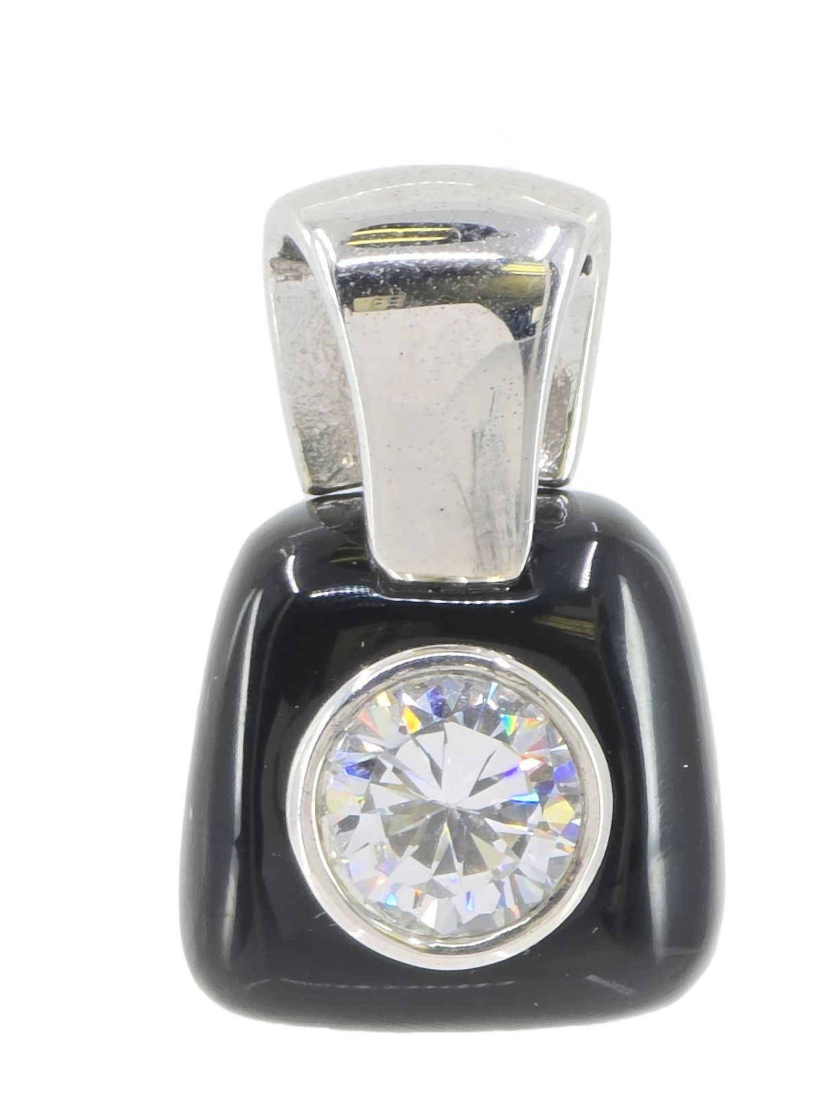 AP ANGELIQUE de PARIS BLACK RESIN ROUND CZ 925 STERLING PENDANT