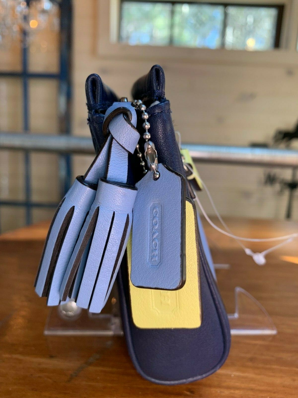 COACH Color Block Blue Tassels Clutch Leather Zip Purse Cosmetic Hand Bag