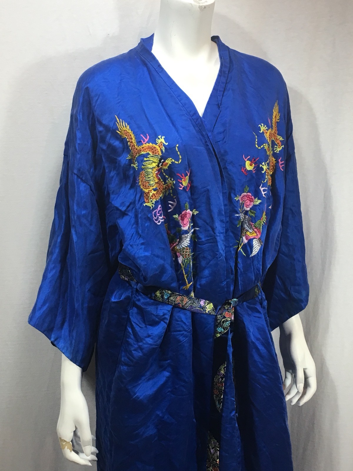 Vintage Royal Blue Silk Golden Dragin Robe L embroidered tie at waist rooster