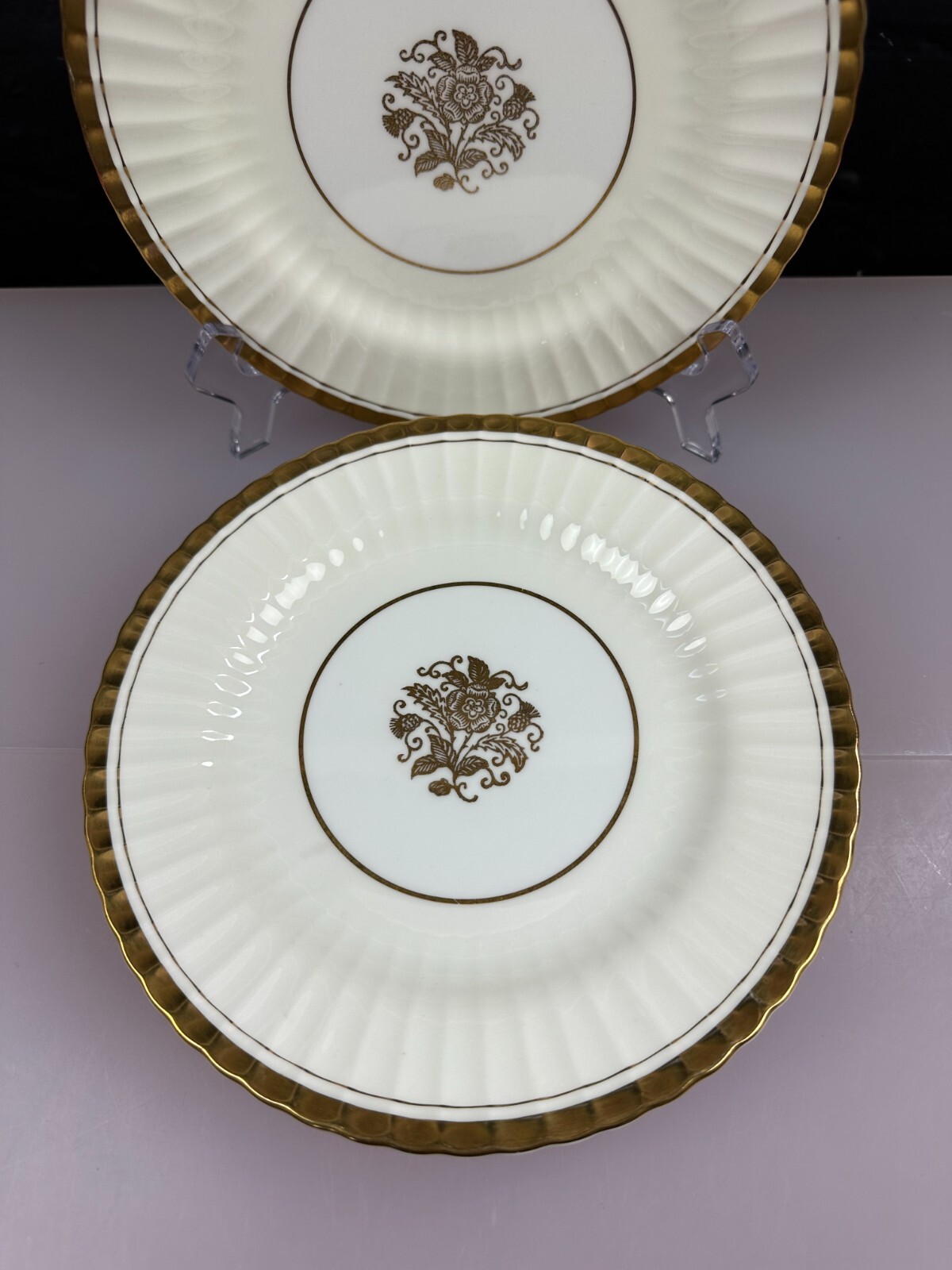 6 x Paragon Z783 Salad Plates 20.5 cm Gold Bands & Center Flowers Ribbed Set