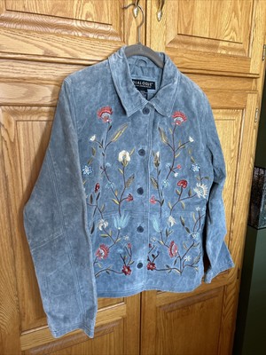 Dialogue Leather Embroidered Blue Jacket Vtg Button Flowers Retro Med EUC