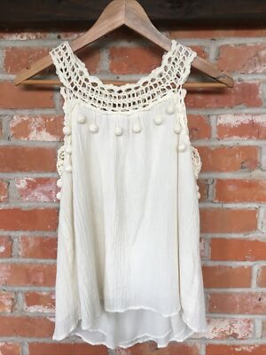 NWT LAJU Sz S Boho Chic Ivory Tank Top Crochet Pom Pom Trim Flowy Adorable NEW!