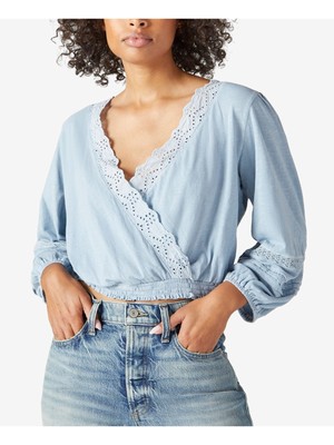 

LUCKY BRAND Женский синий топ с эластичной резинкой на талии и манжетами на рукавах с вырезом под вырез